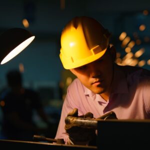 a person looking at their metal work under a light
